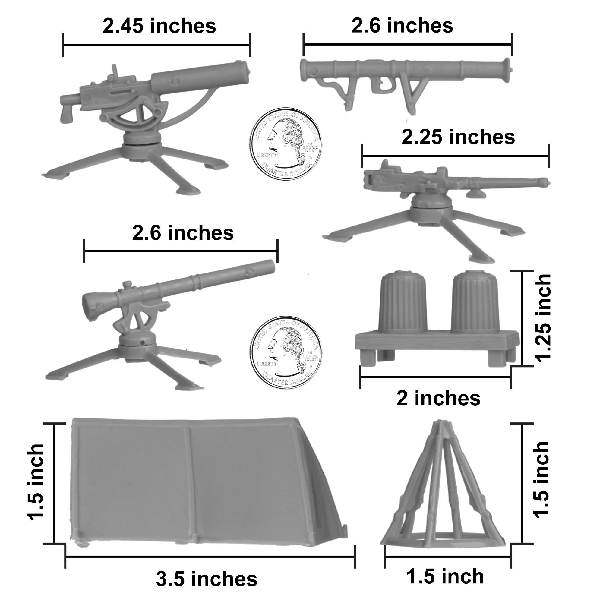 BMC Classic Plastic Army Men Camp Equipment - Gray 10pc Tents & Weapons US Made - Image 3