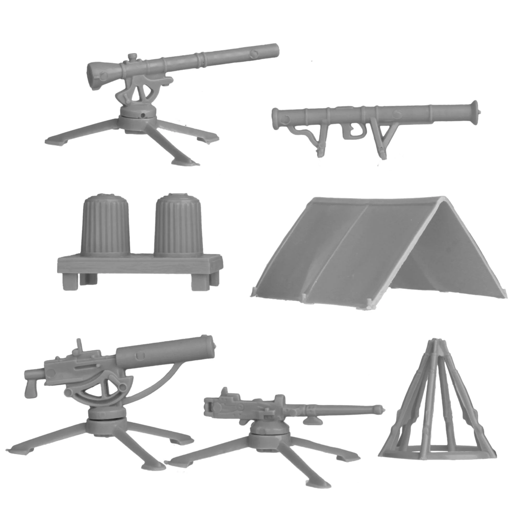 BMC Classic Plastic Army Men Camp Equipment - Gray 10pc Tents & Weapons US Made - Image 4