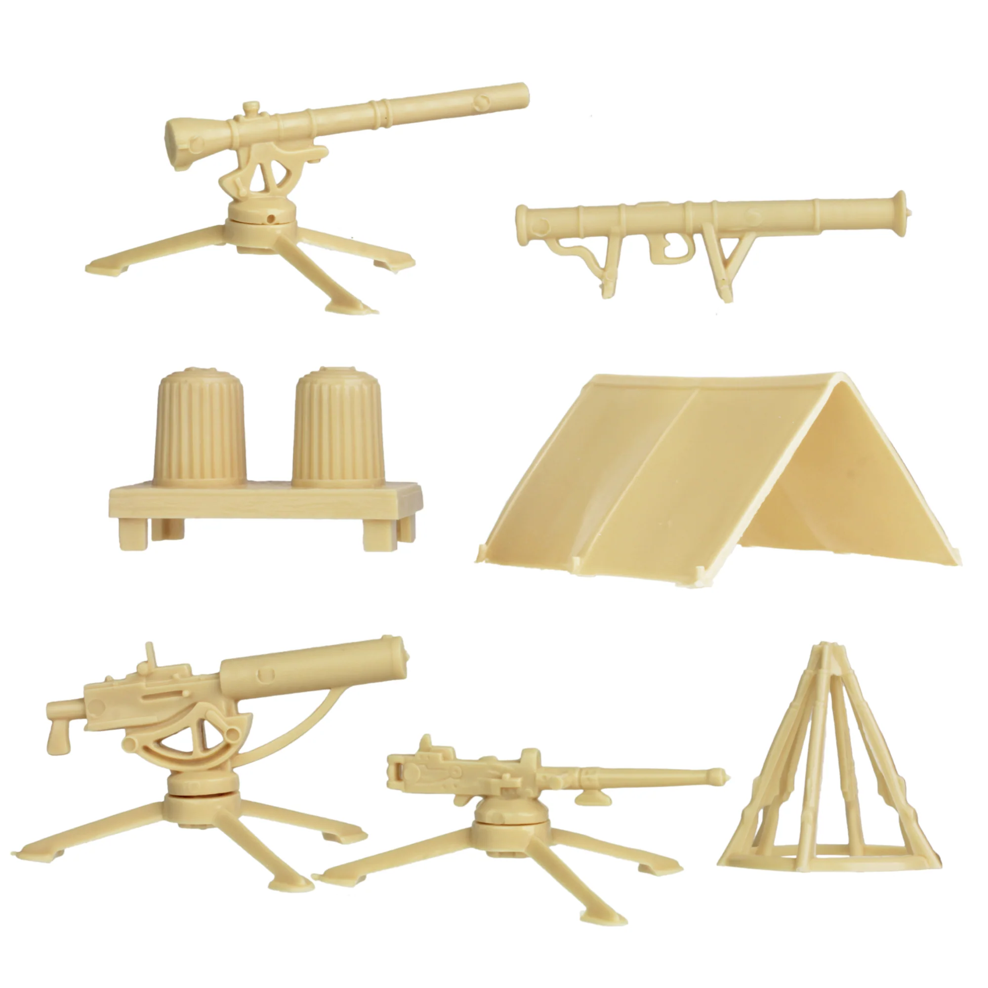 BMC Classic Plastic Army Men Camp Equipment - Desert Tan 10pc Tents & Weapons - Image 4