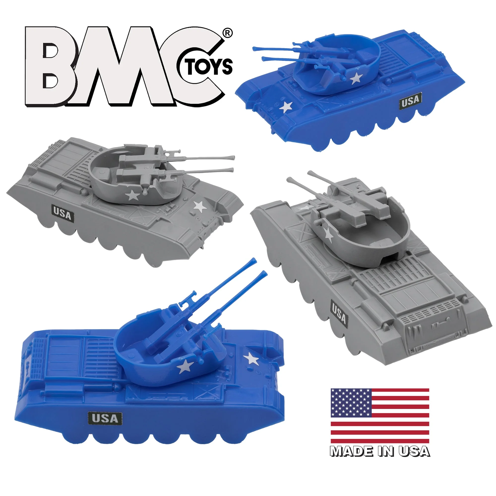 BMC Classic Payton Anti-Aircraft Tanks 4pc Blue & Gray Plastic Army Men Vehicles - Image 6