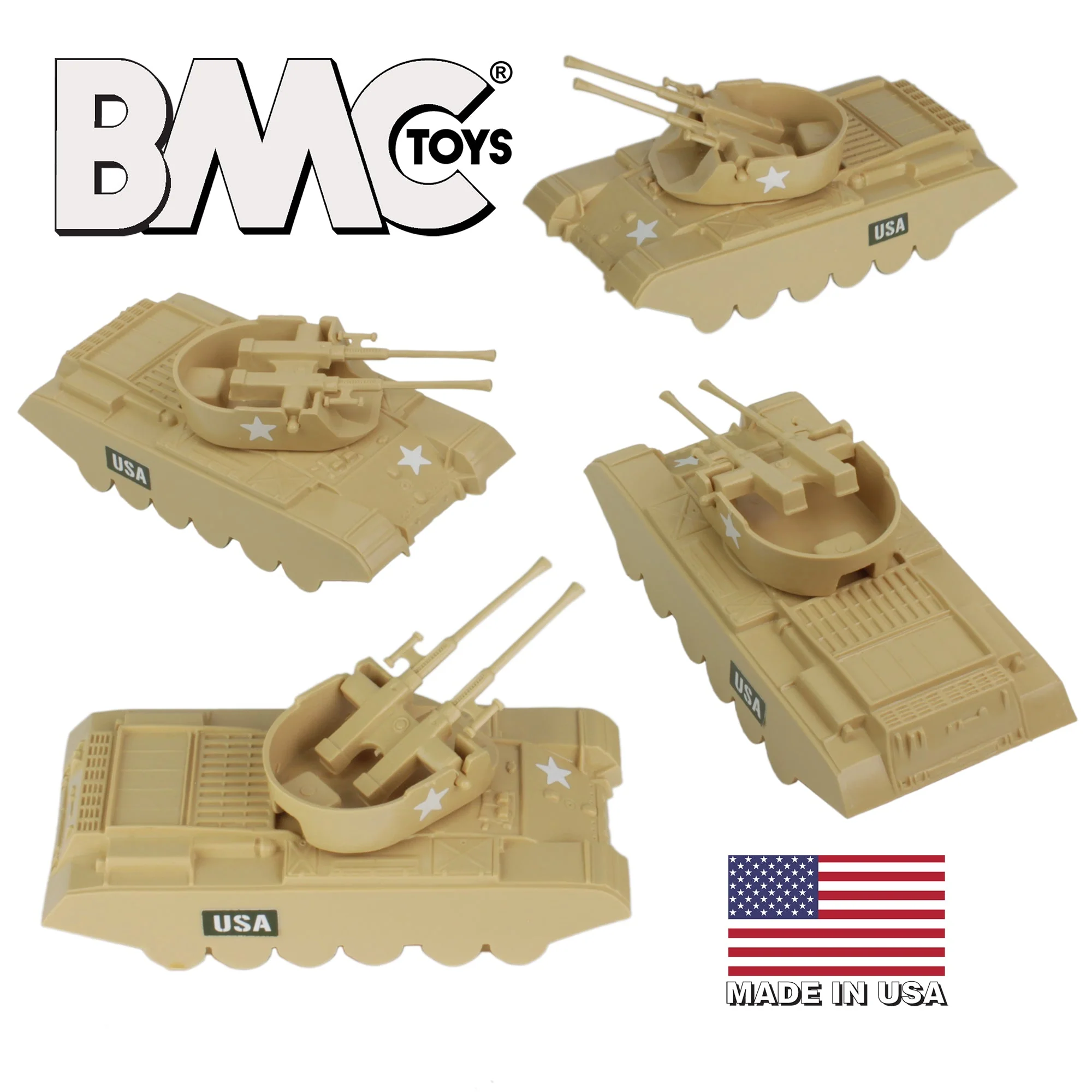 BMC Classic Payton Anti-Aircraft Tanks 4pc Tan Plastic Army Men Vehicles US Made - Image 6
