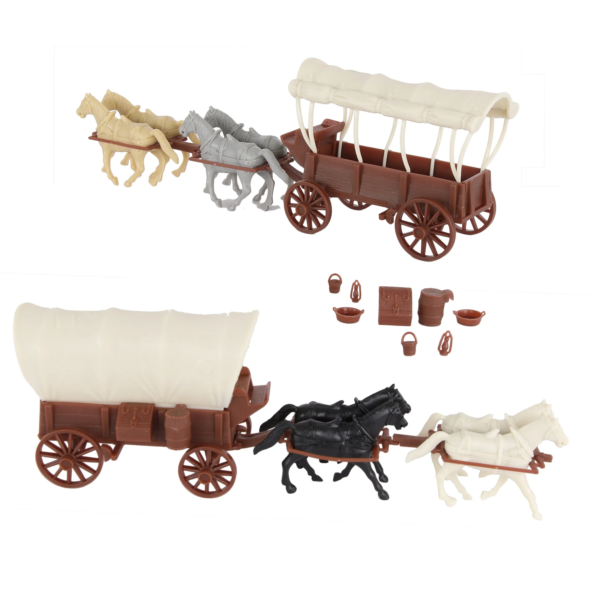 BMC CTS Western Covered Wagons - Brown Pioneer Horse Cart 24pc Playset