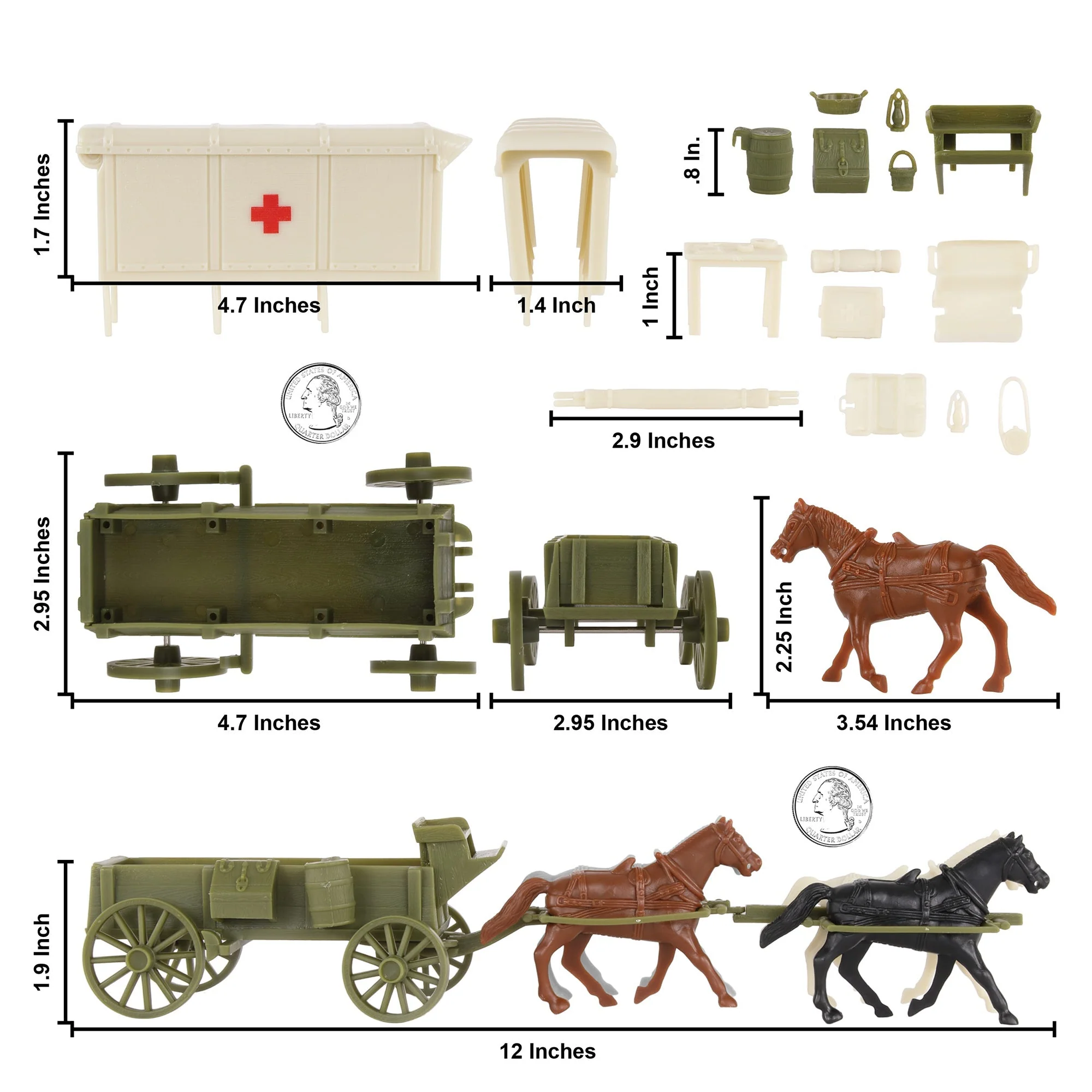 BMC CTS WW1 Ambulance & Supply Wagons - OD Green Square Top Horse Cart Playset - Image 2