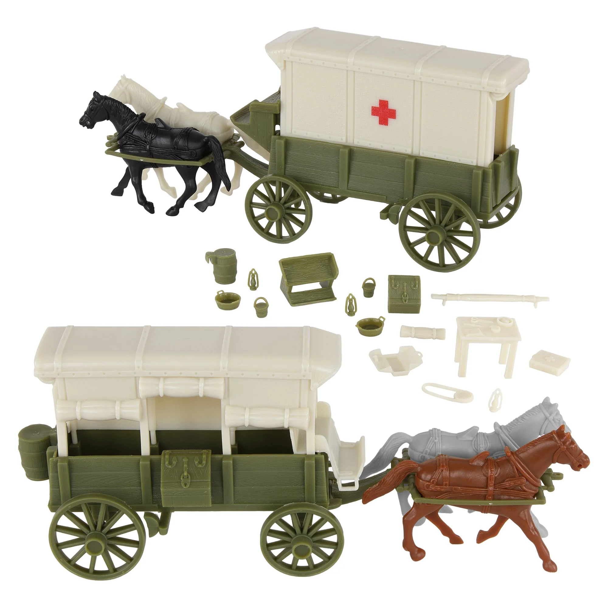 BMC CTS WW1 Ambulance & Supply Wagons - OD Green Square Top Horse Cart Playset - Image 3