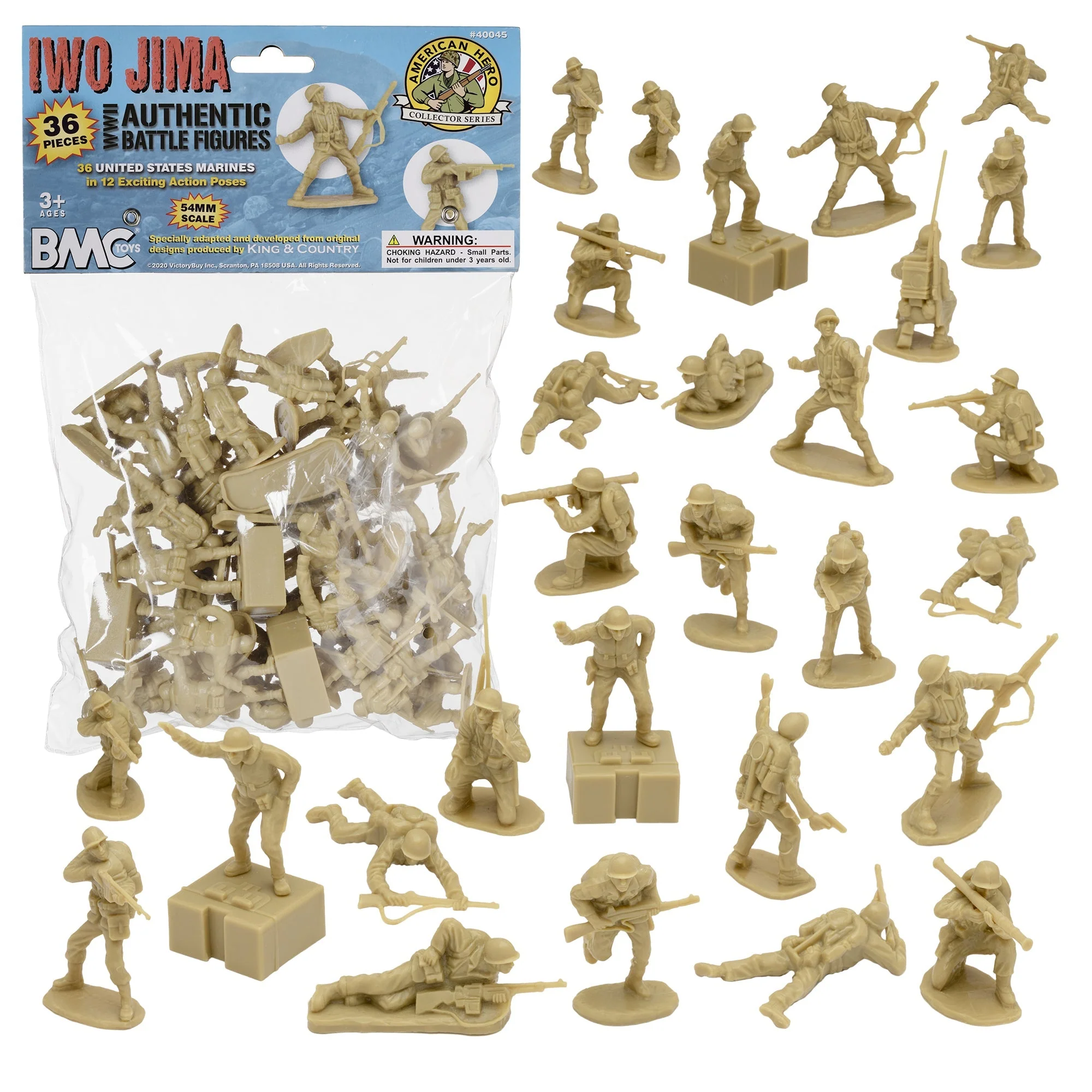 BMC WW2 Iwo Jima US Marines Plastic Army Men - 36 Tan American Soldier Figures