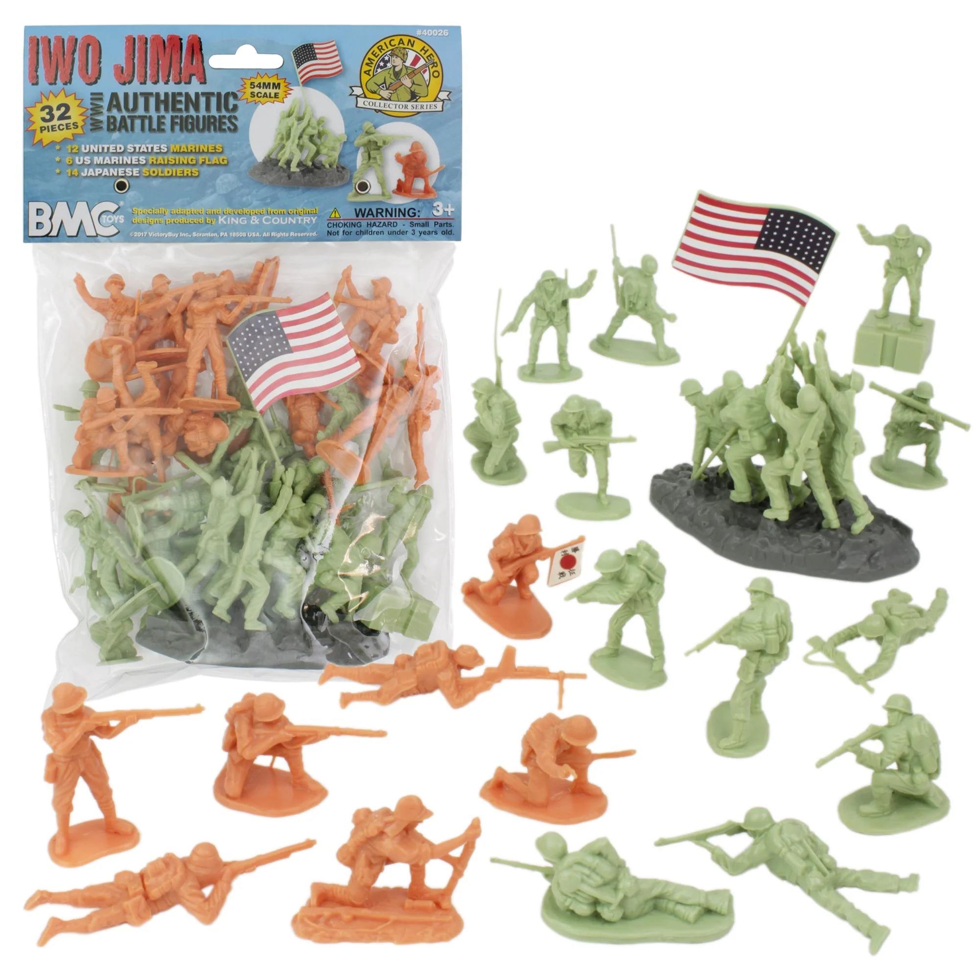 BMC WW2 Iwo Jima Plastic Army Men 32pc Sage US & Butternut Japan Soldier Figures