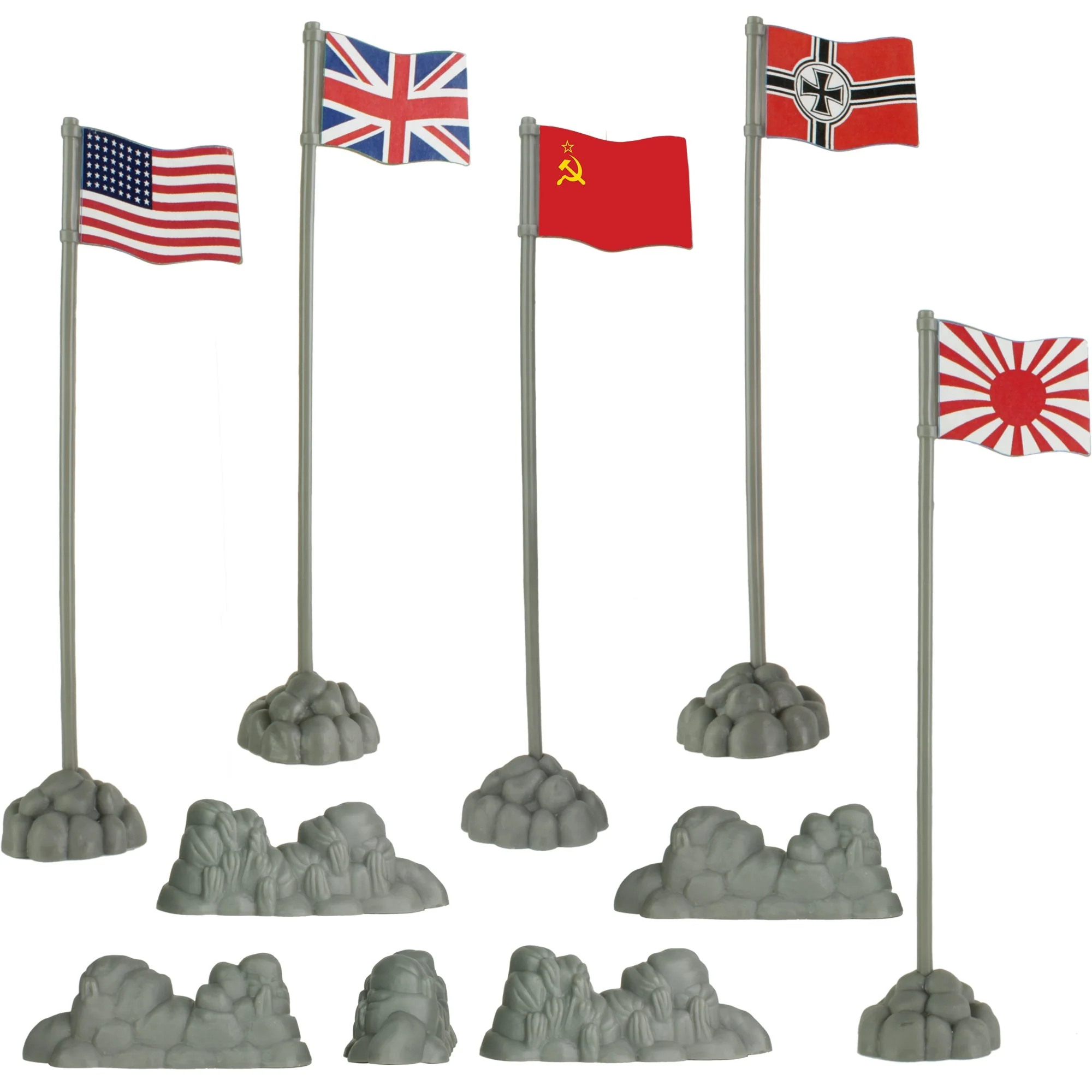 BMC WW2 Allies and Axis Plastic Army Men Flags 10pc Military Playset Accessories