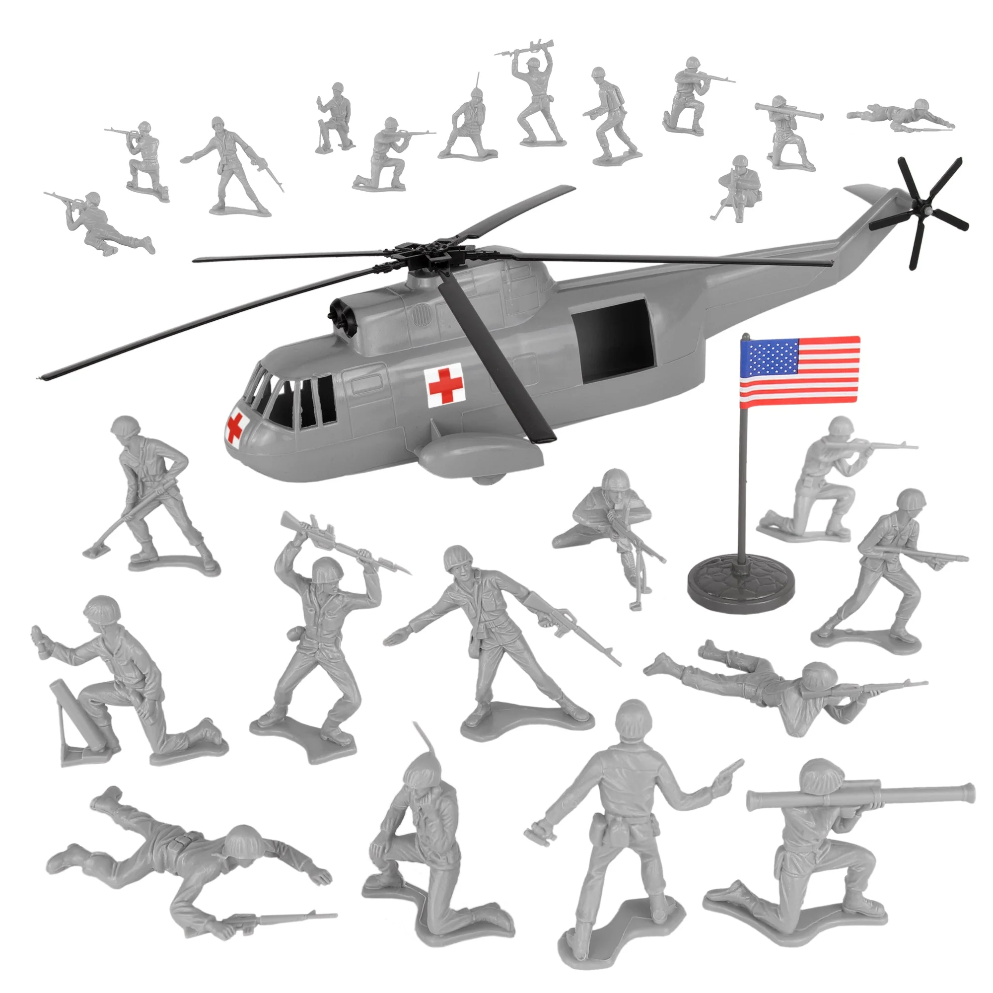TimMee Plastic Army Men Helicopter Playset - Gray 26pc Made in USA