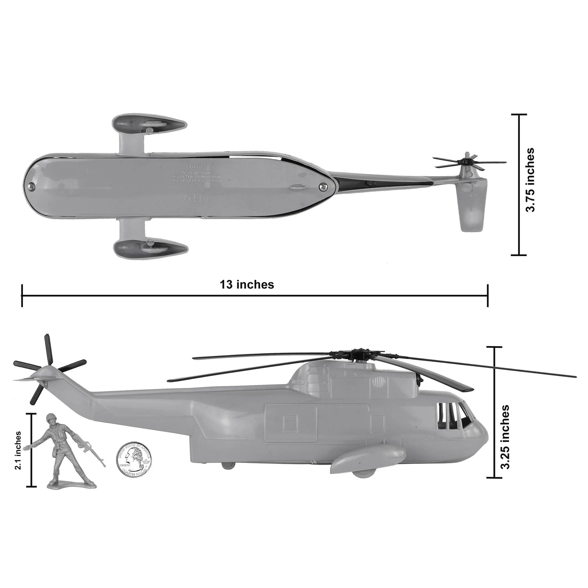 TimMee Plastic Army Men Helicopter Playset - Gray 26pc Made in USA - Image 2