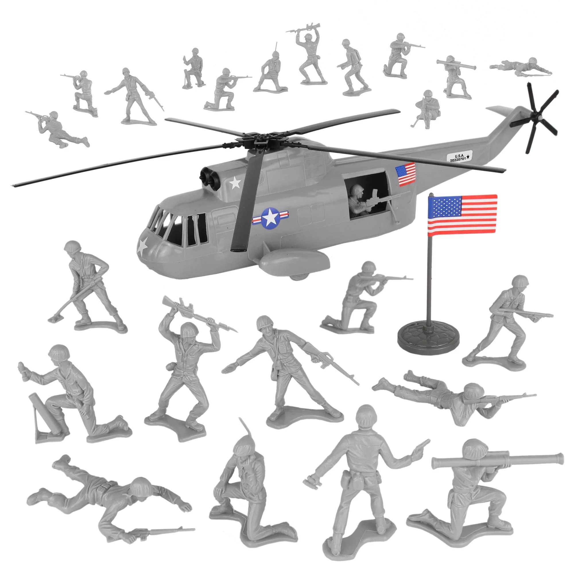 TimMee Plastic Army Men Helicopter Playset - Gray 26pc Made in USA - Image 3