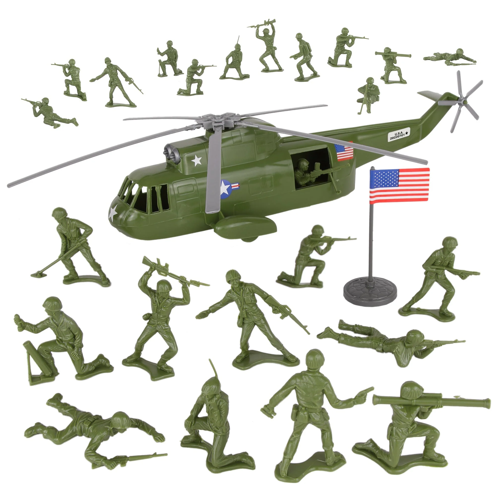 TimMee Plastic Army Men Helicopter Playset - OD Green 26pc Made in USA - Image 3