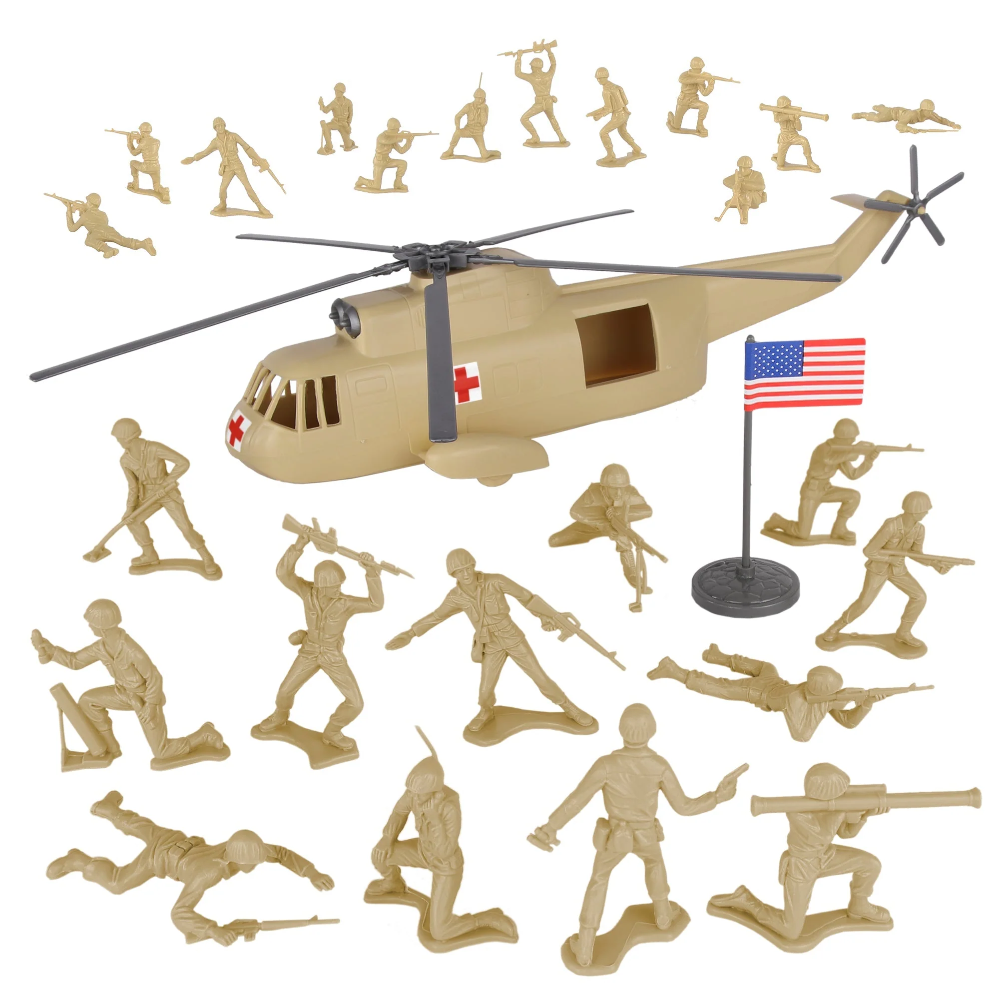 TimMee Plastic Army Men Helicopter Playset - Tan 26pc Made in USA
