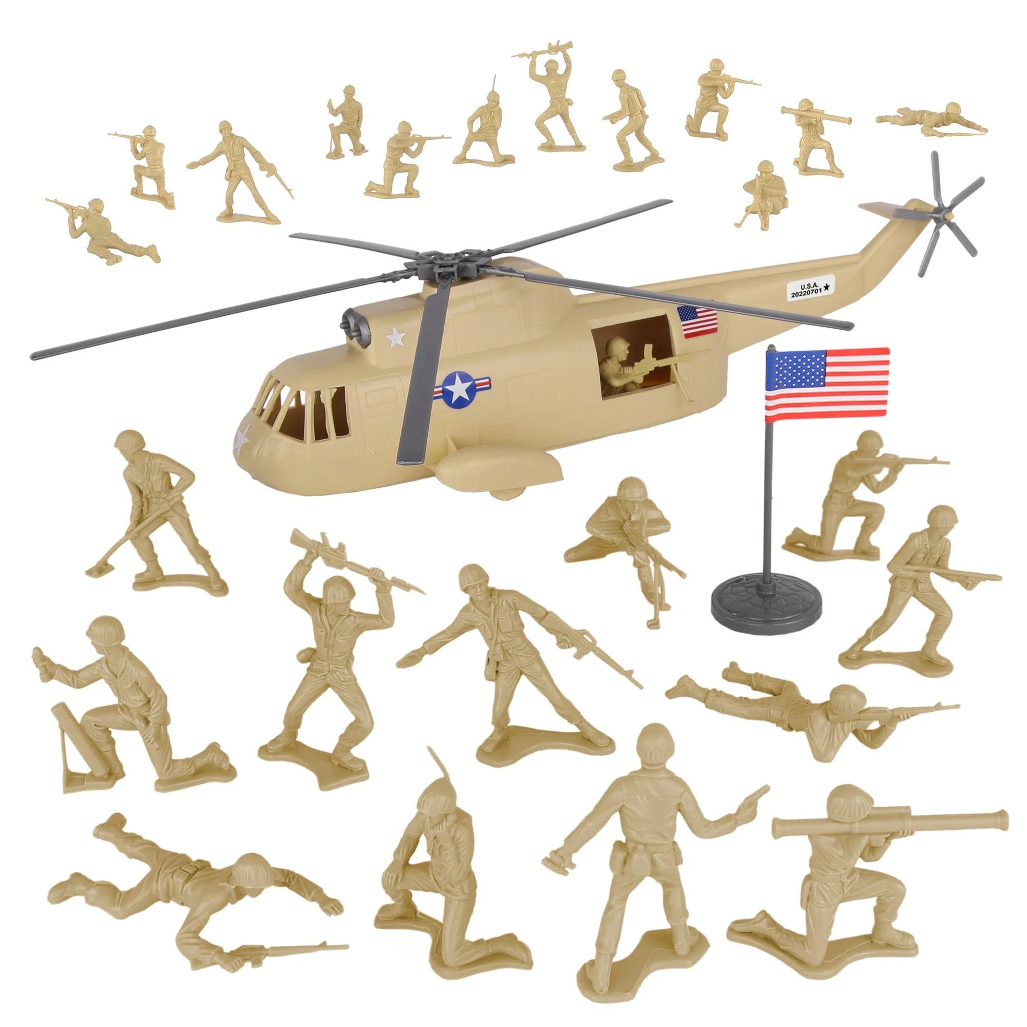 TimMee Plastic Army Men Helicopter Playset - Tan 26pc Made in USA - Image 3