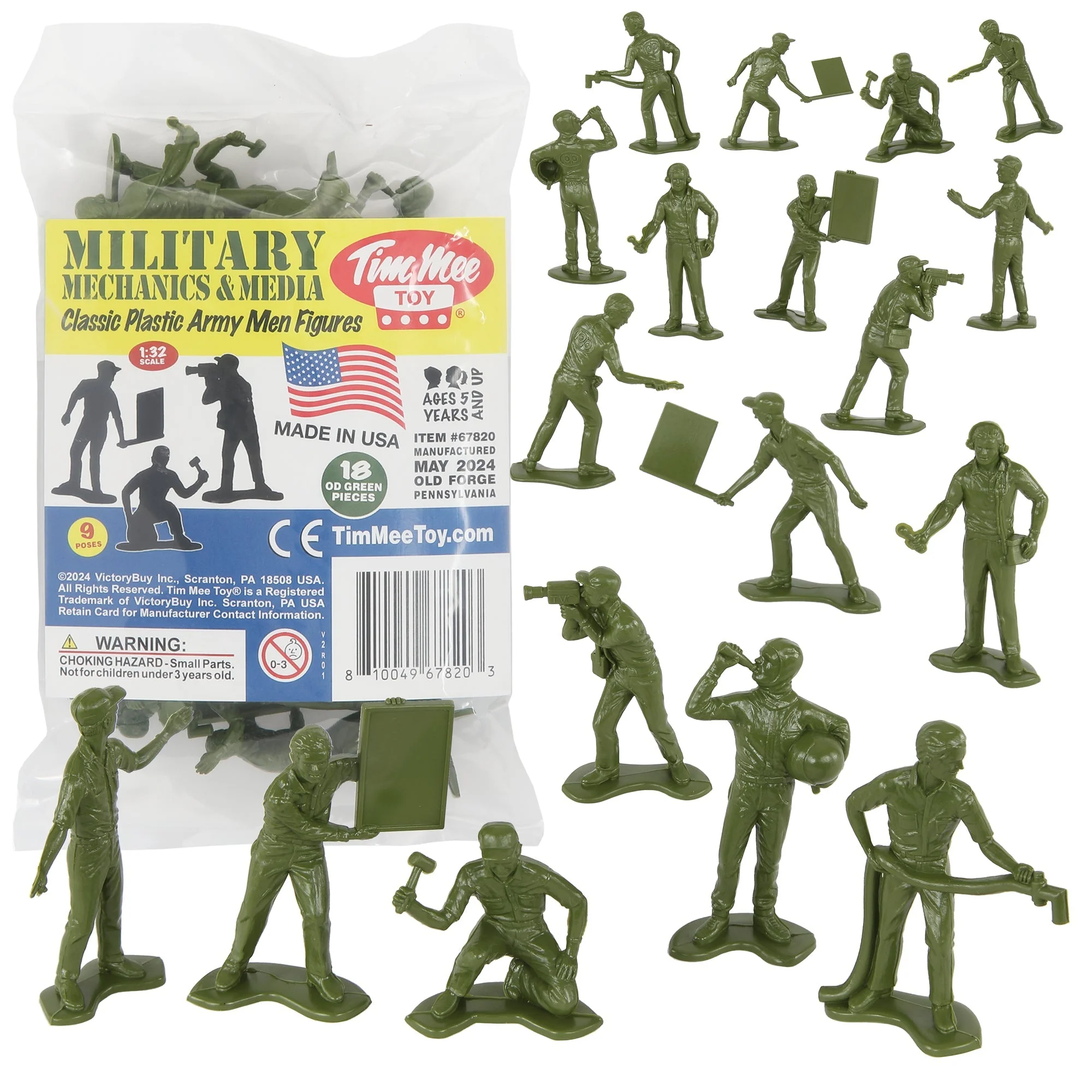 TimMee Military Mechanics & Media - OD Green 18 Plastic Army Men Soldier Figures
