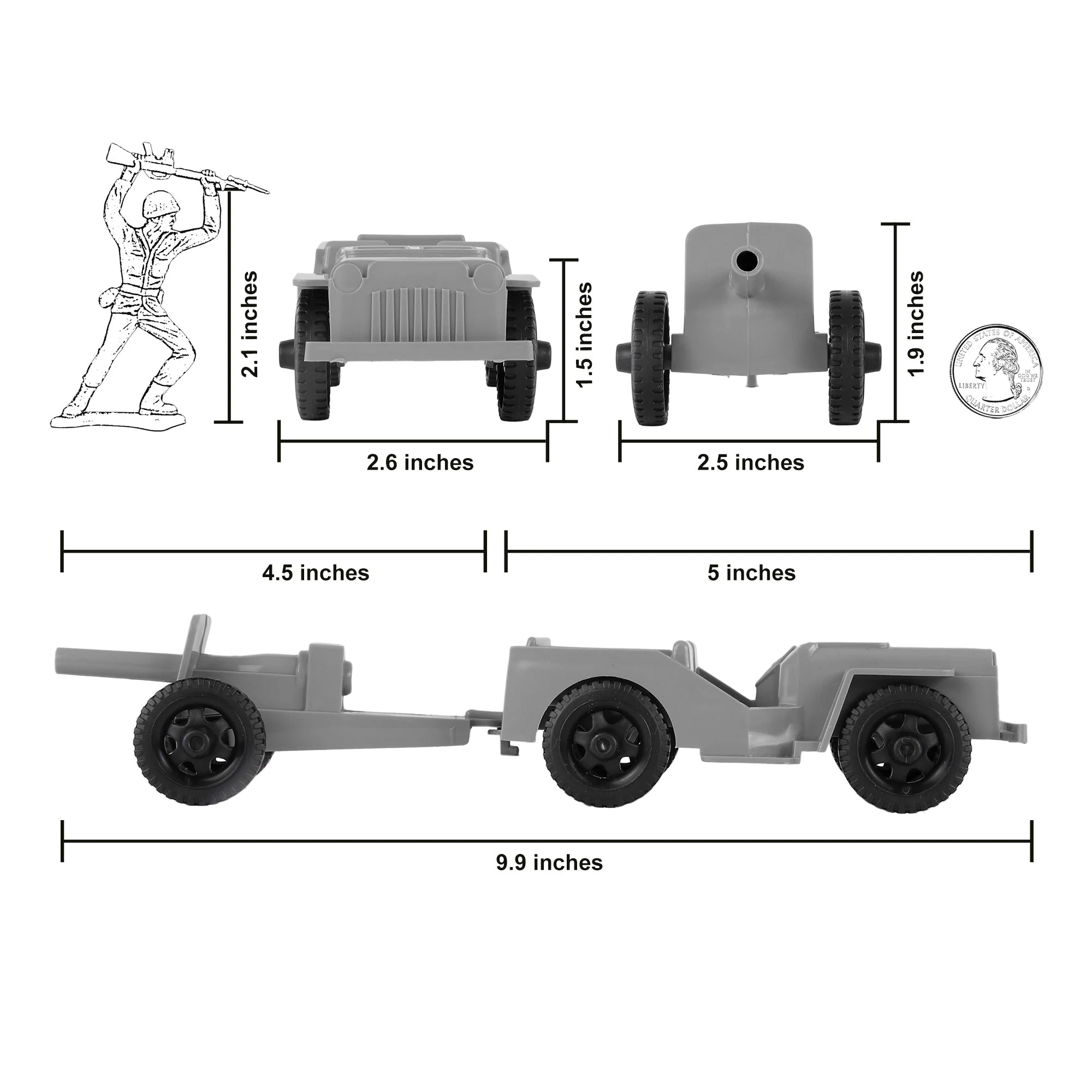 TimMee Combat Patrol Willys & Artillery - Gray 4pc Playset USA Made - Image 2