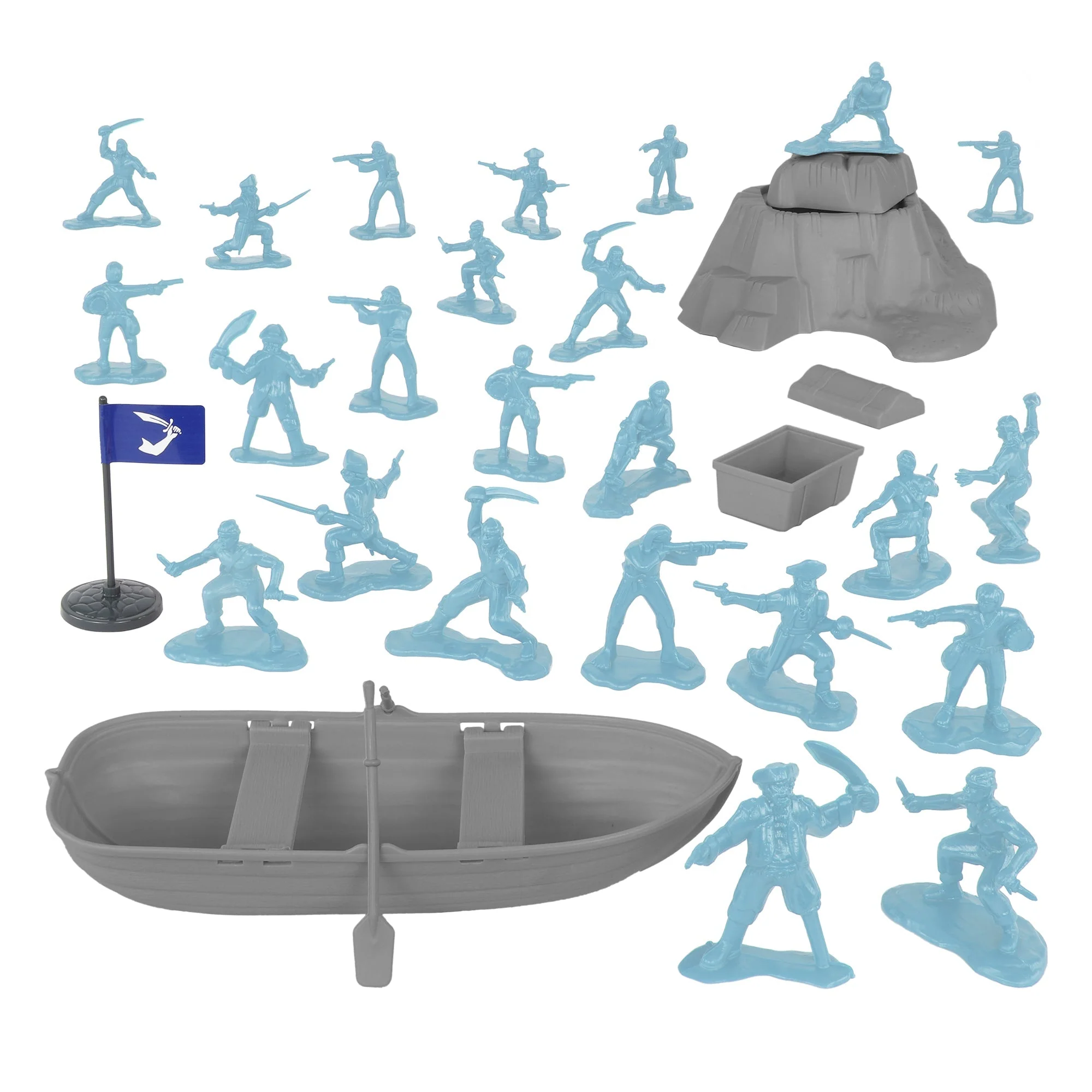 Tim Mee Pirates of Treasure Island - Blue 28pc Plastic Toy Figures Boat Chest