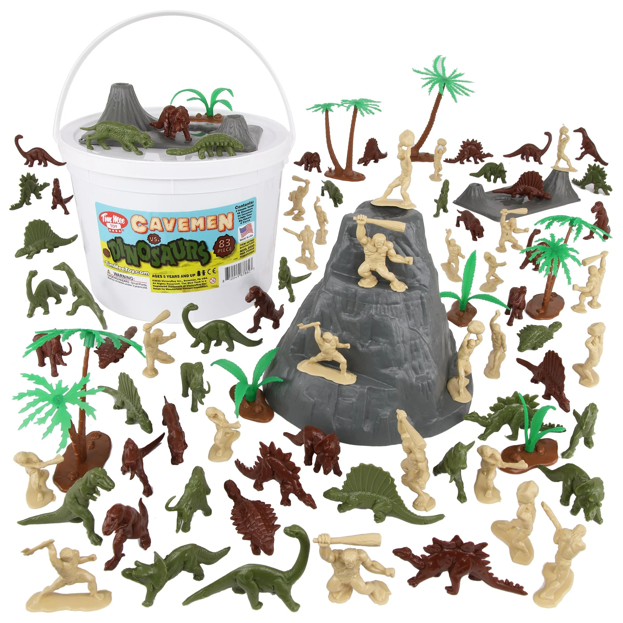 TimMee Bucket of Prehistoric Dinosaur & Caveman - 83pc Plastic Figures & Terrain