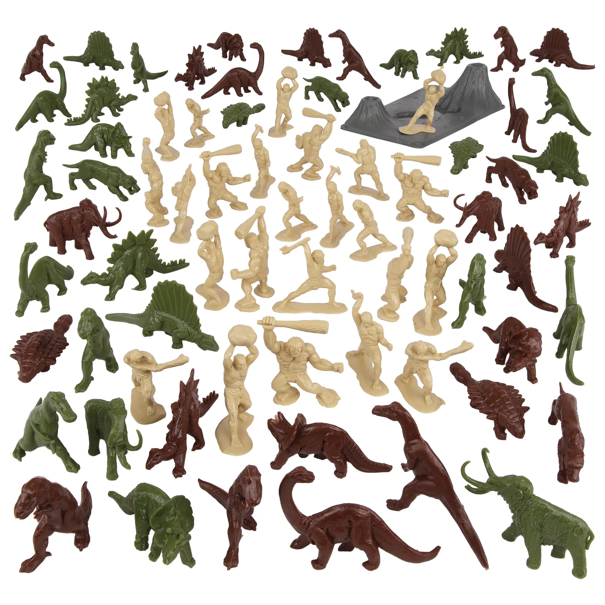 TimMee Prehistoric Plastic Dinosaur & Caveman Figures - Tan, Rust, OD Green 73pc