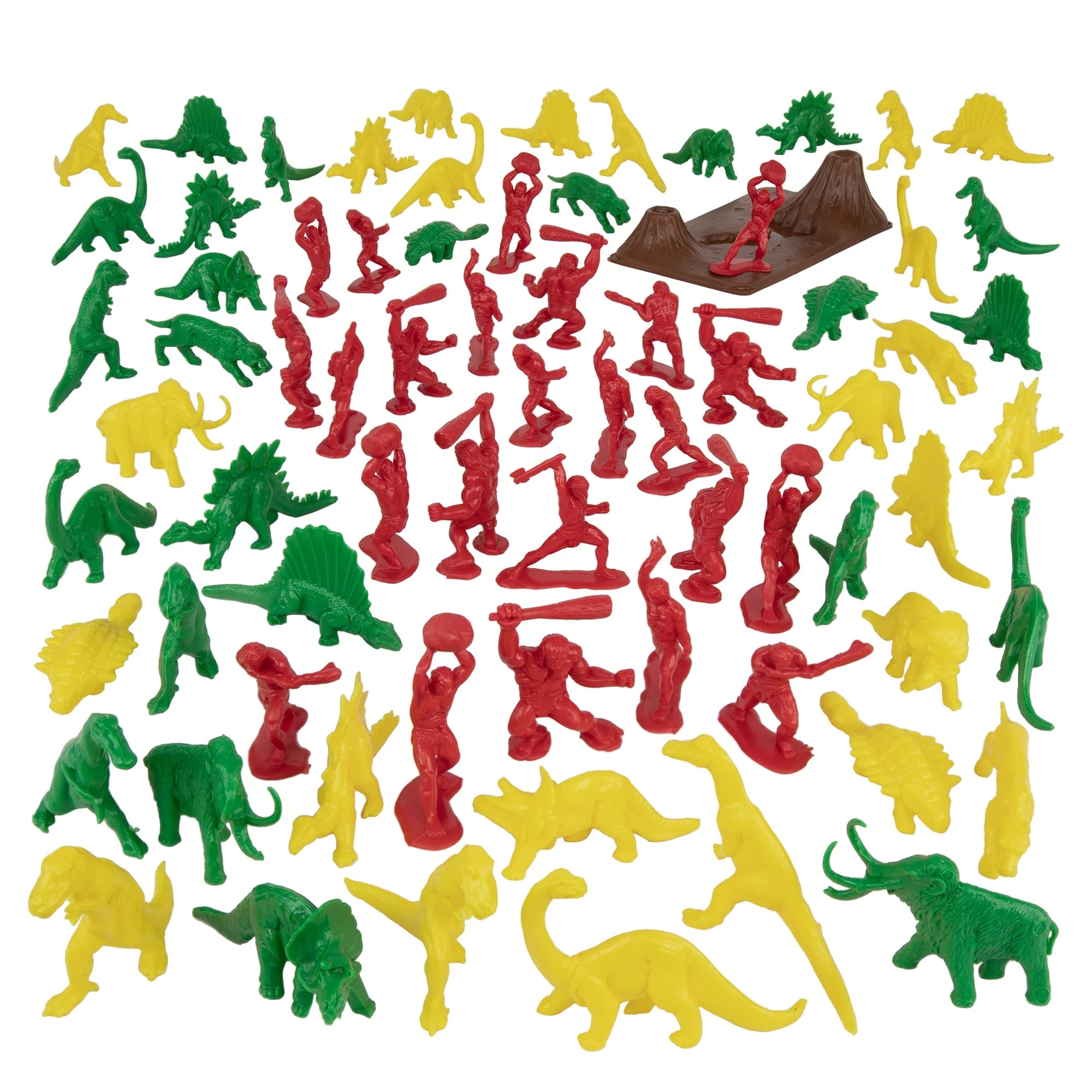 TimMee Prehistoric Plastic Dinosaur & Caveman Figures - Red, Green & Yellow 73pc