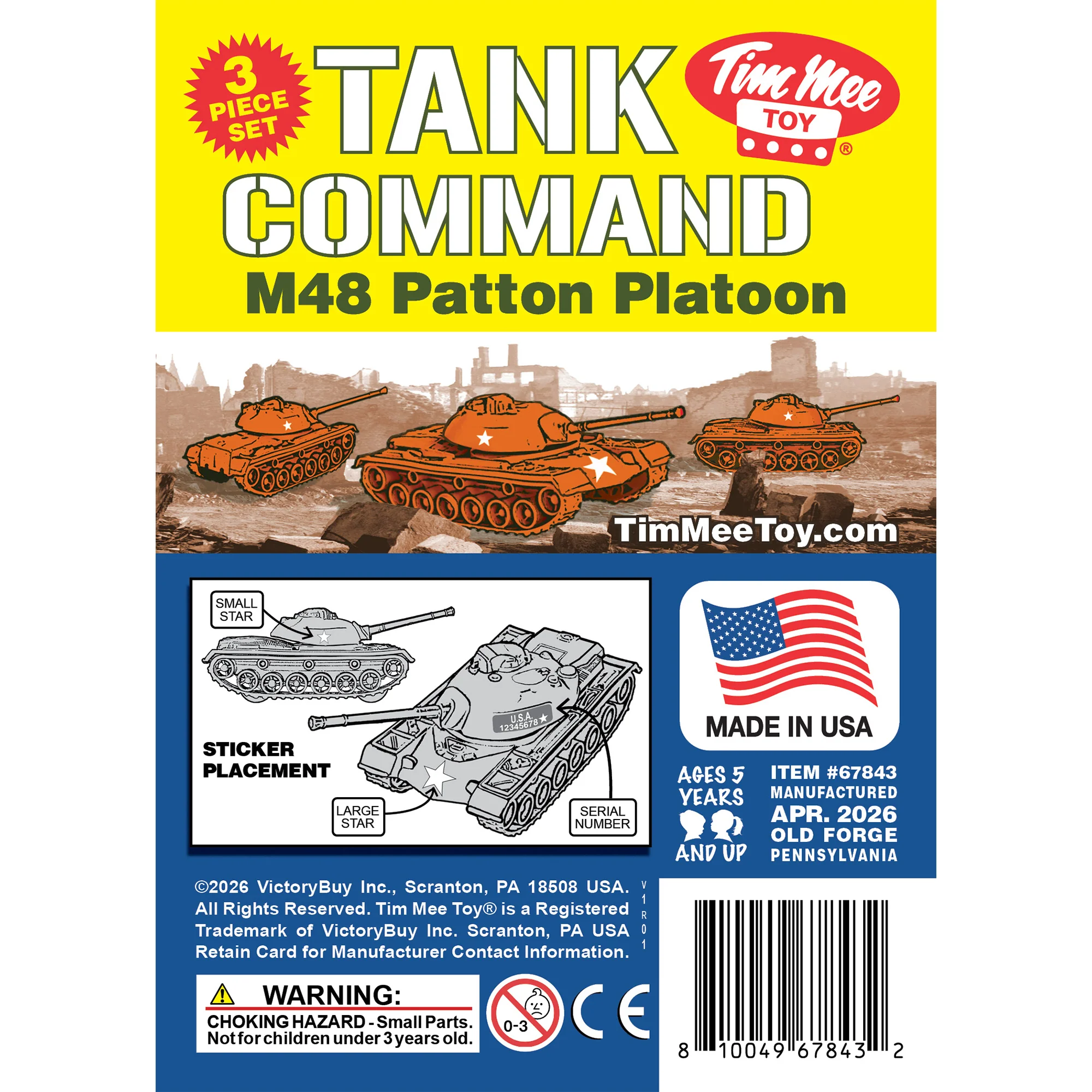 TimMee Toy Tanks for Plastic Army Men - Orange 3pc M48 Patton - Made in USA