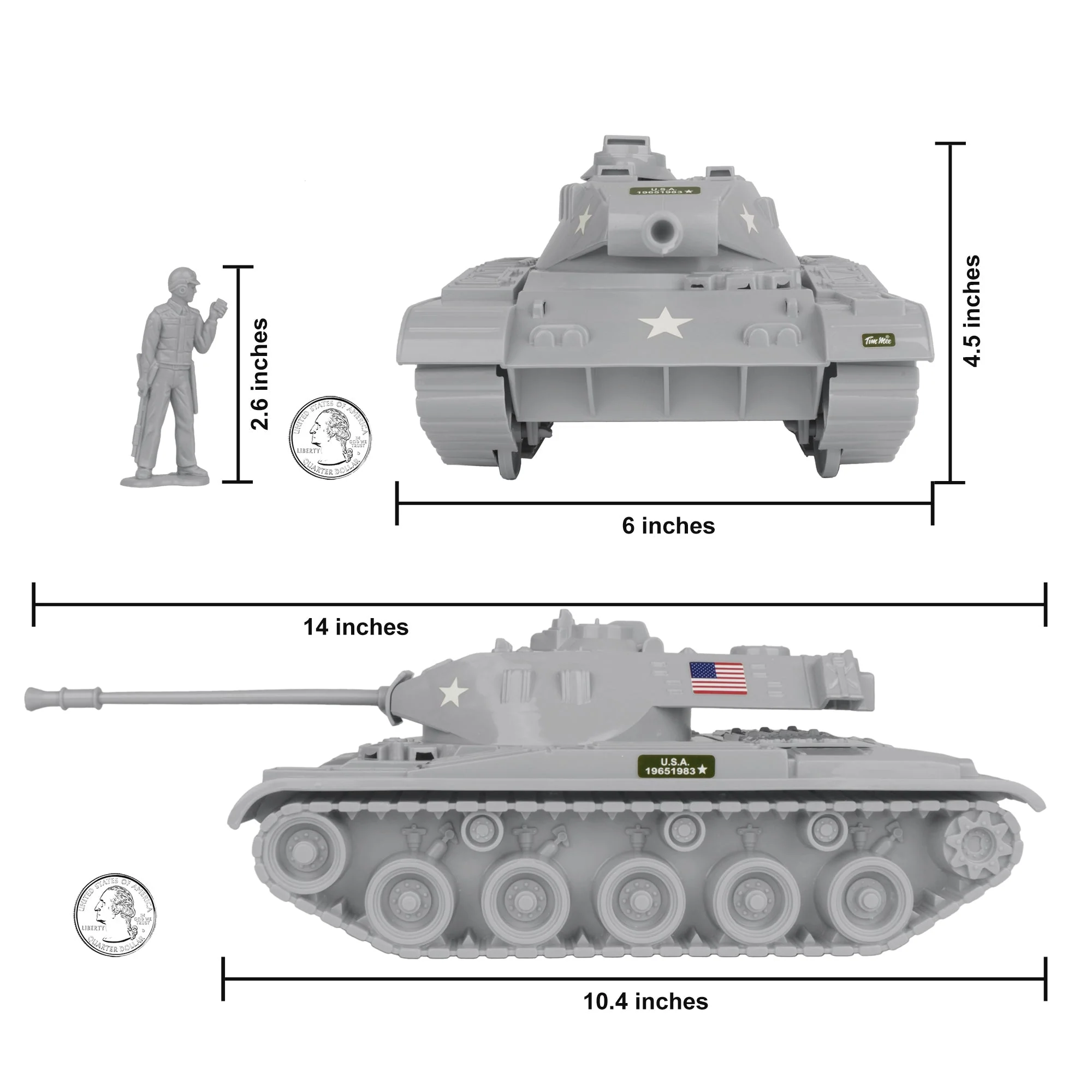 Tim Mee Toy Walker Bulldog Tank Playset- Gray 13pc - Made in USA - Image 2