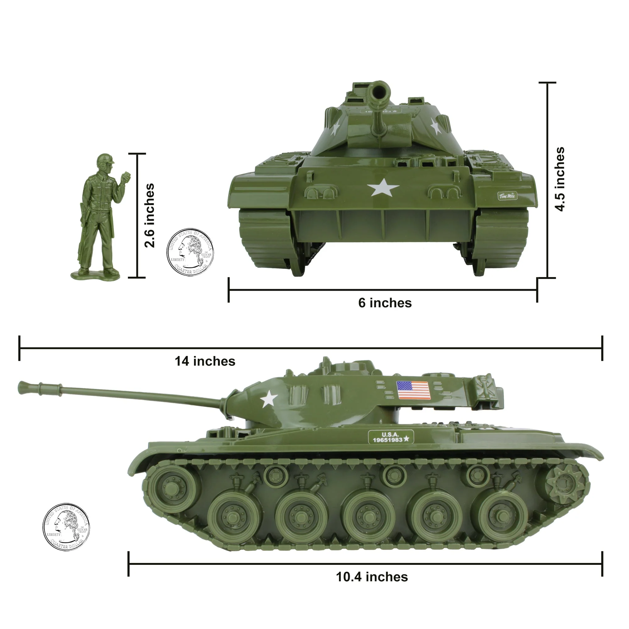 Tim Mee Toy Walker Bulldog Tank Playset- OD Green 13pc - Made in USA - Image 2